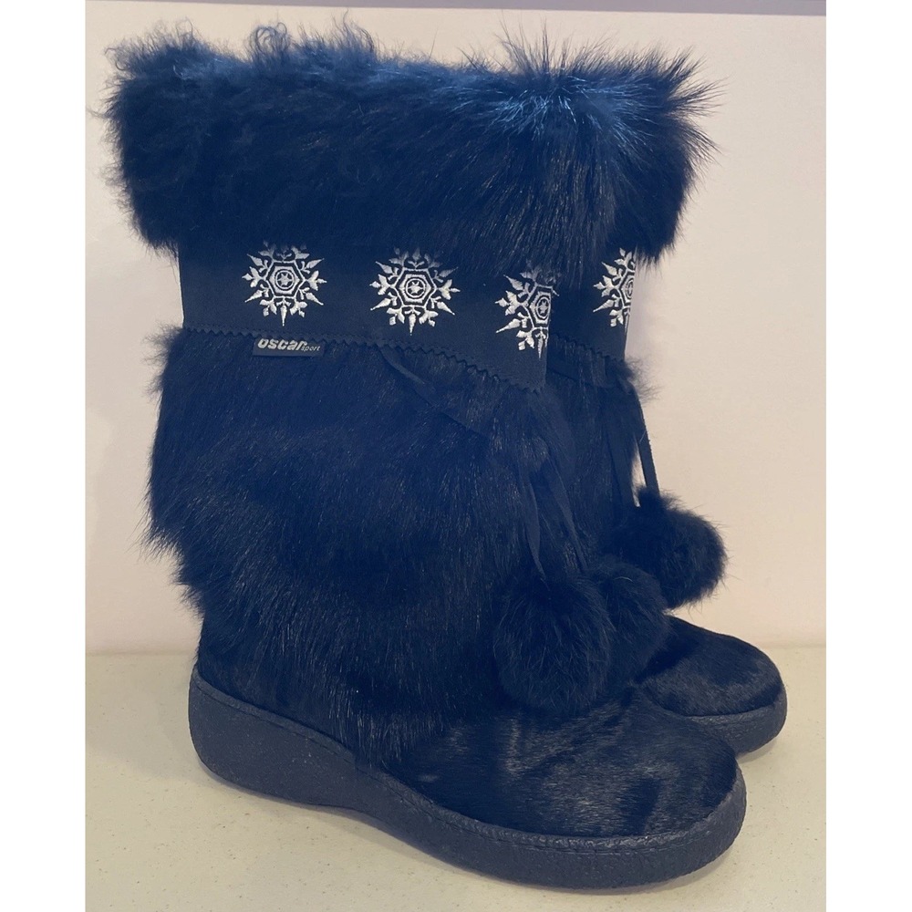 Womens Oscar Sport Black Fur Pom Pom Boots Size 39 8.5 Snowflakes Ski Aspen Snow